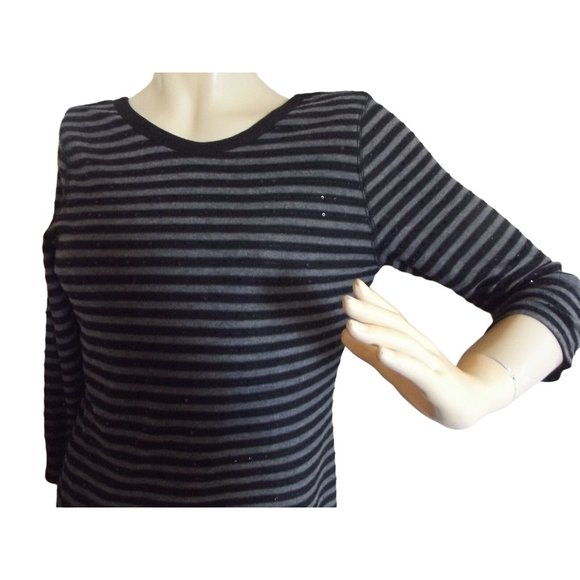 Express M Gray Black Striped Sequined Shift Sweater Dress sequins scoop back - Picture 4 of 6